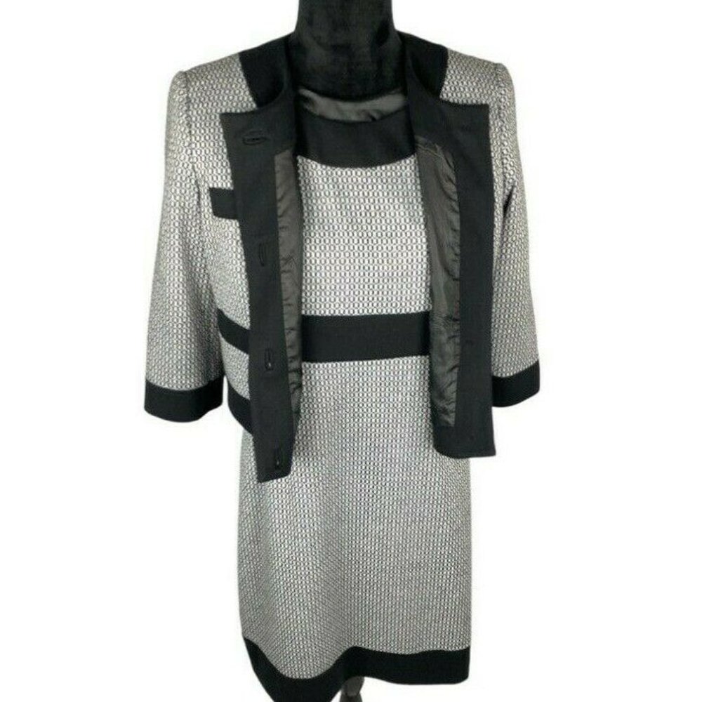 Isabel & Nina 2 Pc Dress and Blazer Suit Ash with Black Trim 4 Button Size 8